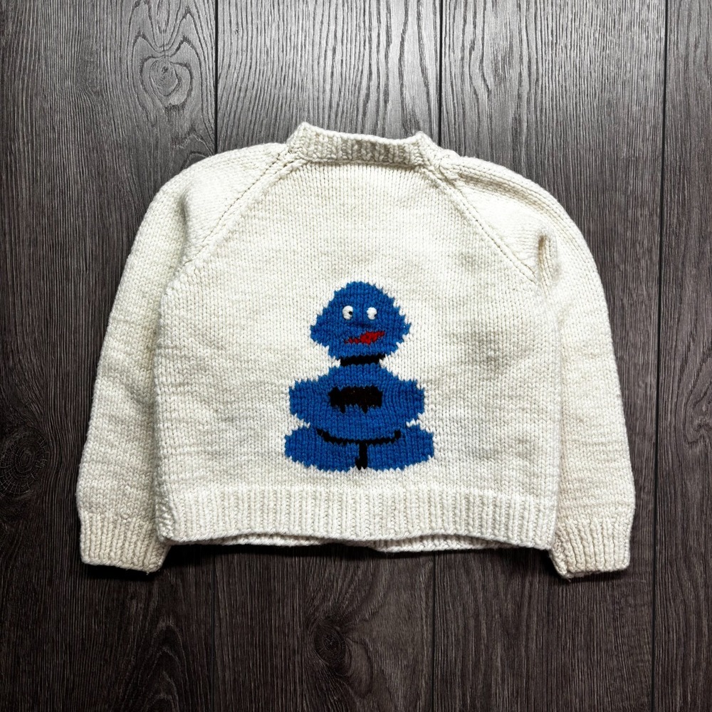 Cookie Monster Hand Knit Sweater Zip Cardigan 1980s Toddler Kids Vintage